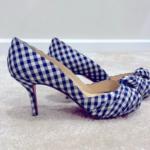 Christian Louboutin “Greissimo” Blue Plaid Cotton Knot Peep Toe Heel SZ 35.5